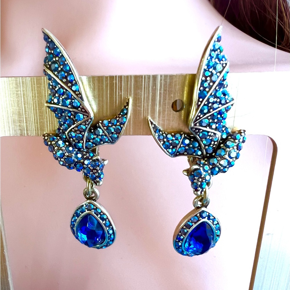Heidi Daus CLIP 🆕 “Night Flyer” 🦇🦇  Crystal Bat dangle earrings
